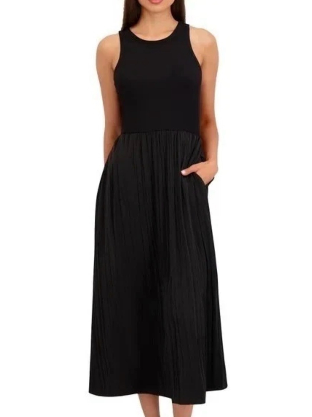 DKNY black sleeveless ribbed knit and pleated maxi dress black size Medium new